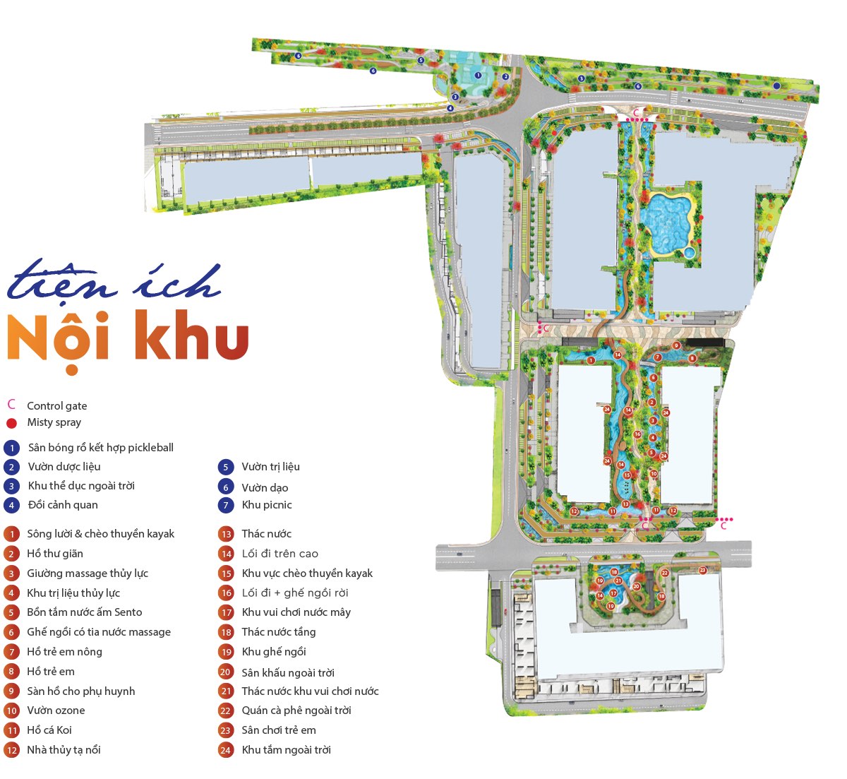 Mặt bằng tiện ích nội khu Monrei Saigon: sông lười, hồ cá Koi, vườn trị liệu, sân bóng rổ