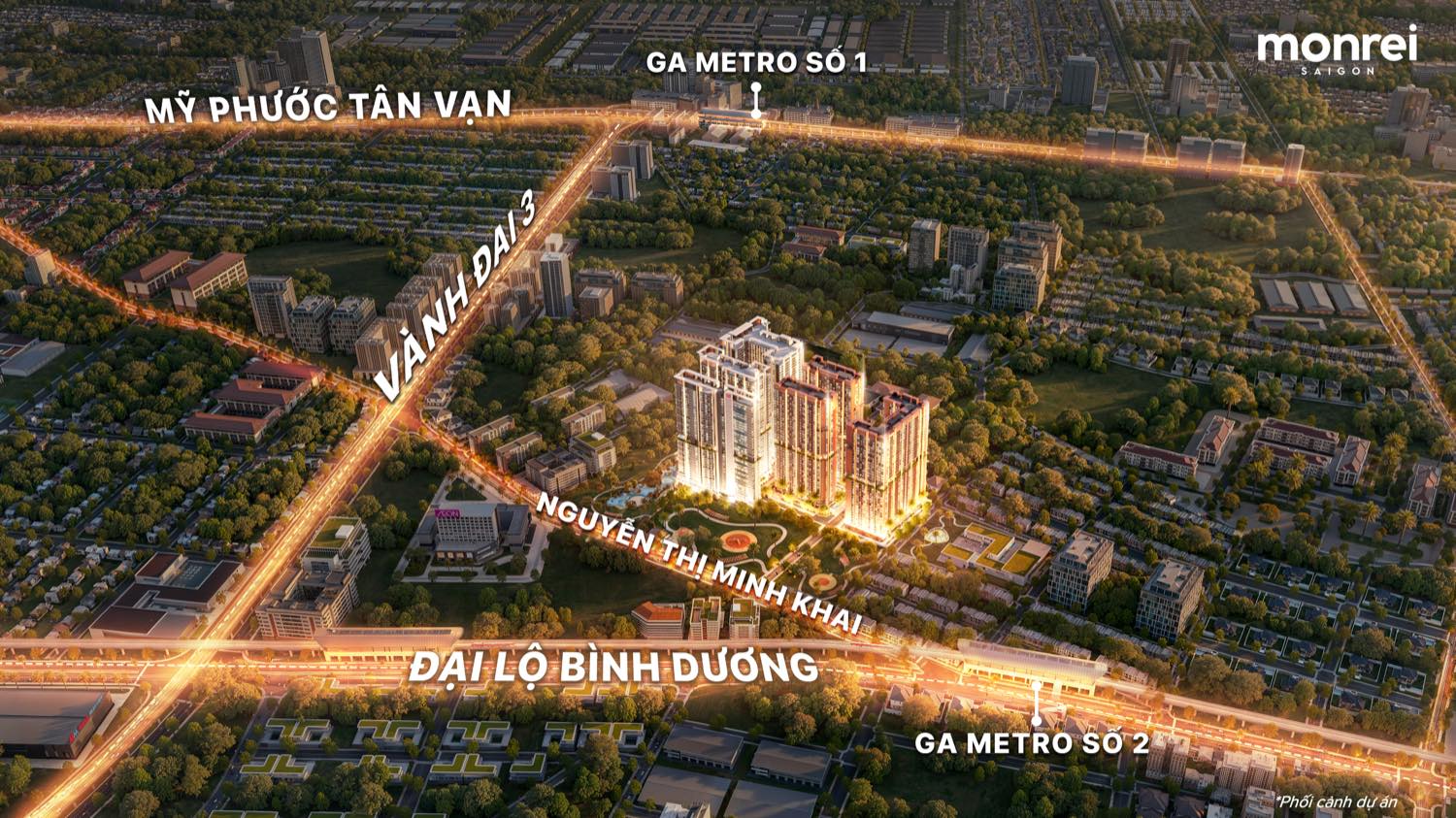 Bản đồ liên kết vùng dự án Monrei Saigon: Vành đai 3, Nguyễn Thị Minh Khai, Đại lộ Bình Dương, ga Metro số 1 và số 2